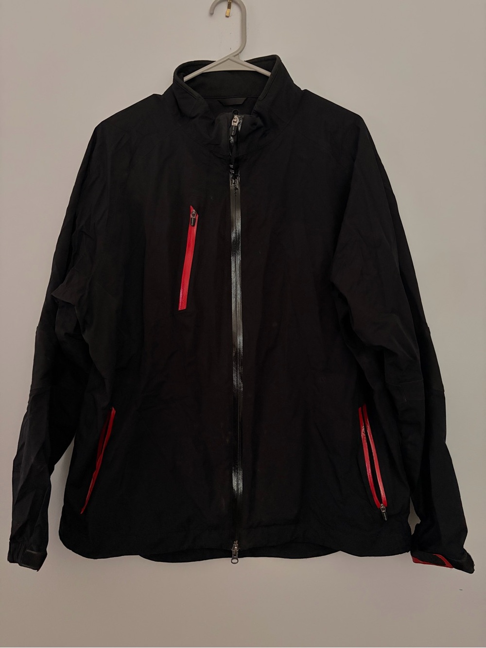 Men's Black Windbreaker Jacket with Red Zip Accents
